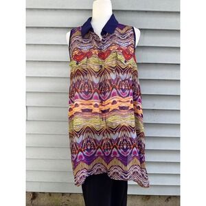 BCBGMAXAZRIA Sleeveless Button Up Top Tunic Purple Orange‎ Abstract Print Sz L
